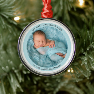 Baby's First Christmas Two Photo Snowflake Metal Ornament