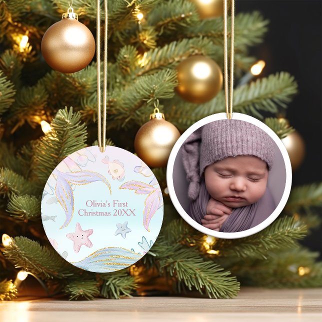 Baby's First Christmas Under the Sea Mermaid Photo Ceramic Ornament (Creator Uploaded)