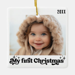 Baby's First Christmas Vintage Retro White Photo Ceramic Ornament