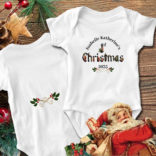 Baby's First Christmas Vintage Santas Baby Bodysuit (Personalized baby bodysuit for Baby's first Christmas.  Pretty design with vintage Santas.)