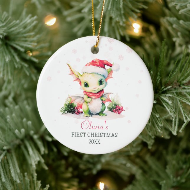 Baby's First Christmas Watercolor Dragon Girl Ceramic Ornament (Tree)