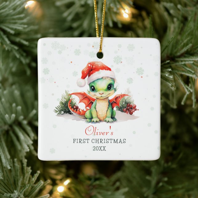 Baby's First Christmas Watercolor Dragon Square Ceramic Ornament (Tree)
