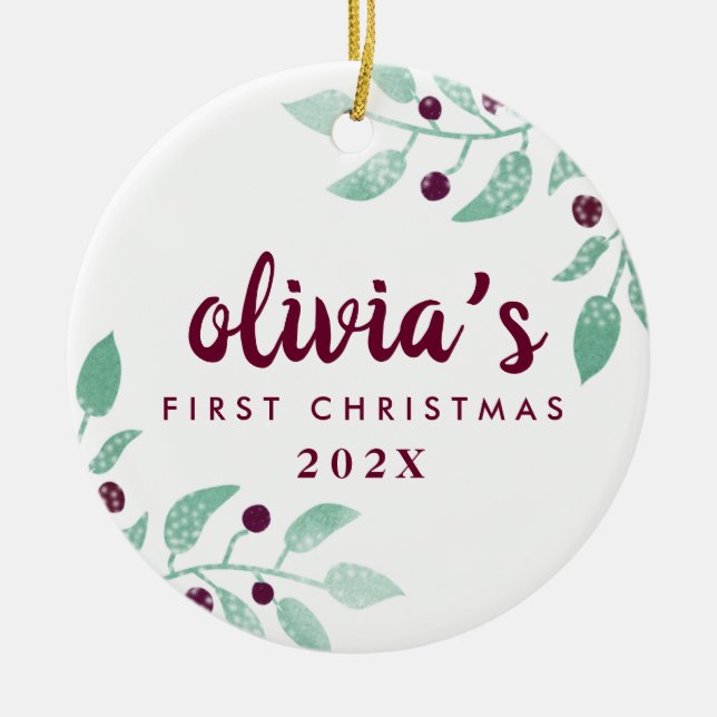 Baby's First Christmas Watercolor Floral Photo Ceramic Ornament (Front)