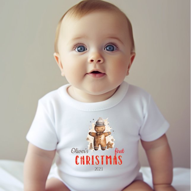 Baby's First Christmas Watercolor Gingerman Name Baby T-Shirt (Creator Uploaded)