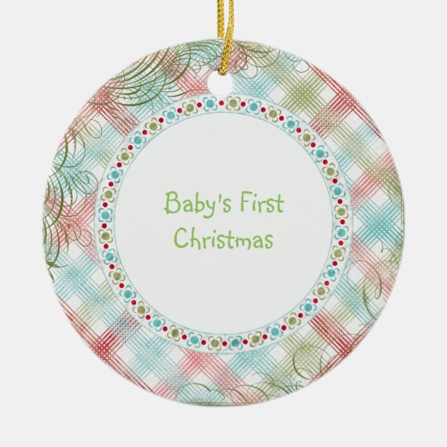 Babys First Christmas Whimsical Plaid Personalised Ceramic Ornament (Front)