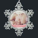Baby's First Christmas White Silver Glitter Pink Snowflake Pewter Christmas Ornament<br><div class="desc">This sweet ornament design features grey and silver snowflakes with space for one photo to commemorate Baby's 1st Christmas! The collection of coordinating products is available in our shop, zazzle.com/doodlelulu*. Contact us if you need this design applied to a specific product to create your own unique matching item! Thank you...</div>