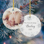 Baby's First Christmas White Silver Snowflakes Ceramic Ornament<br><div class="desc">This sweet design features gray and silver snowflakes with space for one photo to commemorate Baby's 1st Christmas! The collection of coordinating products is available in our shop, zazzle.com/store/doodlelulu. Contact us if you need this design applied to a specific product to create your own unique matching item! Thank you so...</div>