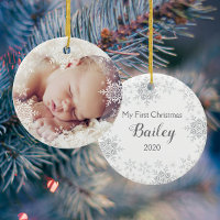 Baby's First Christmas White Silver Snowflakes