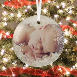 Baby's First Christmas White Silver Snowflakes Glass Tree Decoration