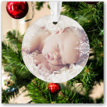 Baby's First Christmas White Silver Snowflakes Ornament<br><div class="desc">This sweet design features gray and silver snowflakes with space for one photo to commemorate Baby's 1st Christmas! The collection of coordinating products is available in our shop, zazzle.com/doodlelulu*. Contact us if you need this design applied to a specific product to create your own unique matching item! Thank you so...</div>