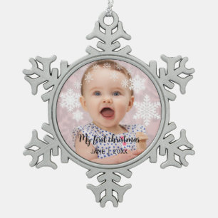 Baby's first christmas white  snowflake pewter christmas ornament