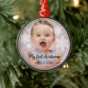 Baby's first christmas white snowflakes  metal ornament