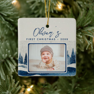 Baby's First Christmas Winter Forest Photo  Ceramic Ornament