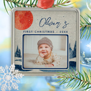 Baby's First Christmas Winter Forest Photo  Metal Ornament