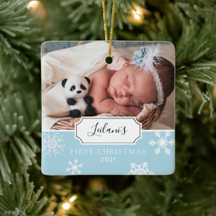 Baby's First Christmas Winter Snowflake Light Blue Ceramic Ornament
