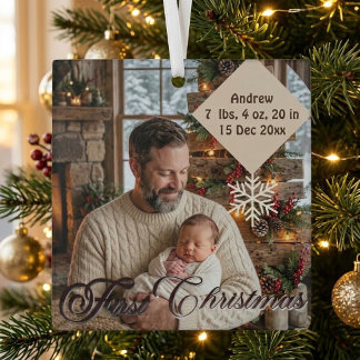 Baby's First Christmas with Dad Snowflakes Photo Glass Tree Decoration