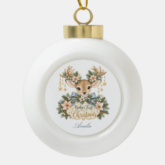 Baby's first Christmas with sweet fawn Ceramic Ball Christmas Ornament