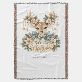Baby's first Christmas with sweet fawn Throw Blanket