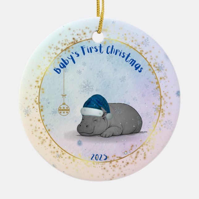 Baby's First ChristmPygmy Hippo Christmas Ornament (Front)