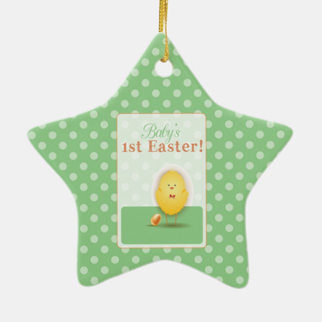 Baby's First Easter Cute Chick With Egg Ceramic Ornament (Back)