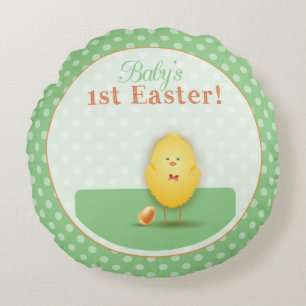 Baby's First Easter Cute Chick With Egg Round Cushion