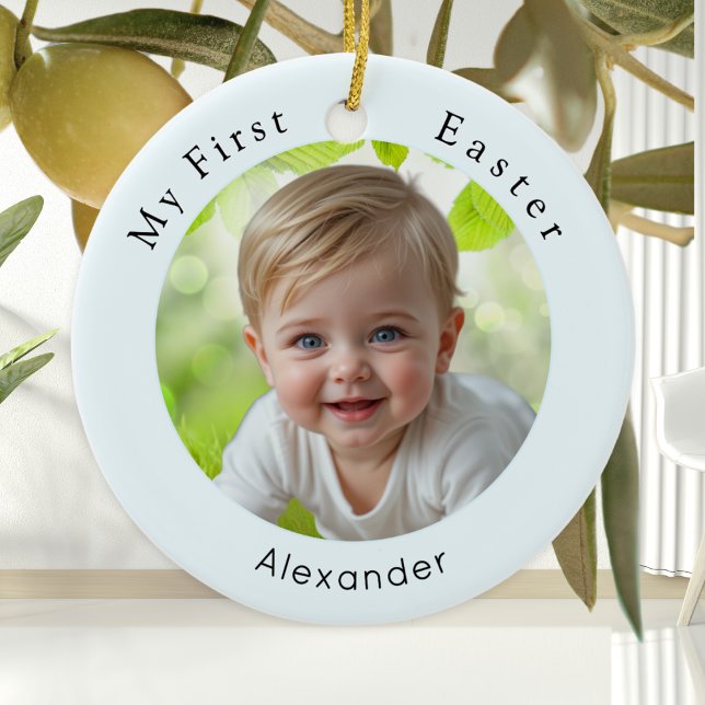 Baby's First Easter Elegant Photo Keepsake Blue Ceramic Ornament (A cute ornament for baby's first Easter, with custom photo, name, and your own message on the back)