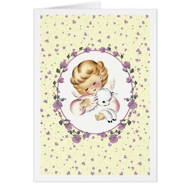 Baby's First Easter. Vintage Angel with Lamb Card (Front)