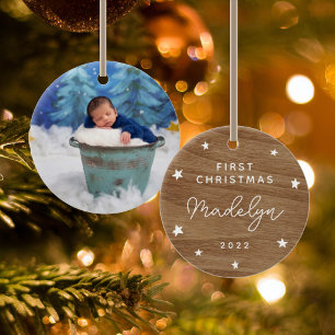 Baby's First Faux Wood Photo Ceramic Ornament