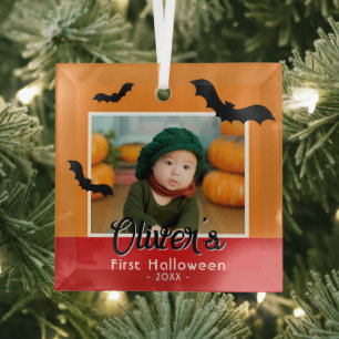Baby's First Halloween Black Bats Photo Glass Tree Decoration