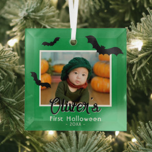 Baby's First Halloween Black Bats Photo Glass Tree Decoration