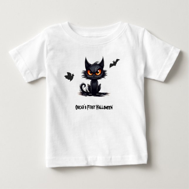 Baby's first Halloween. Cat yellow eyes. Editable Baby T-Shirt (Front)