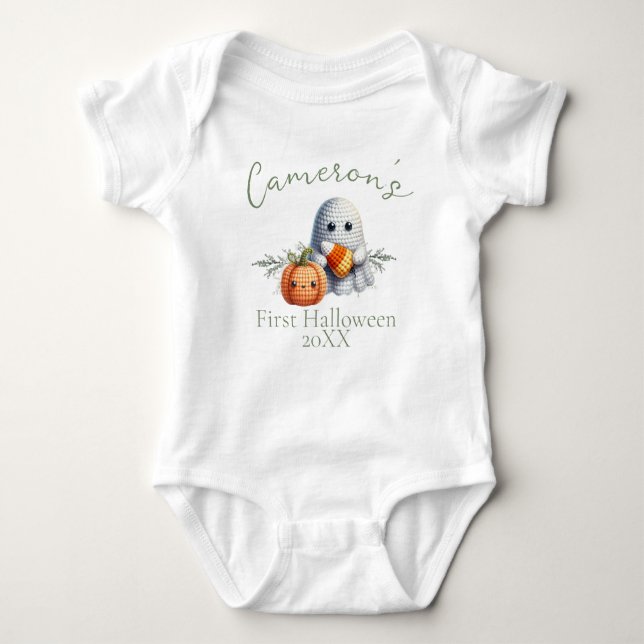 Baby's First Halloween Custom Name Ghost Baby Bodysuit (Front)