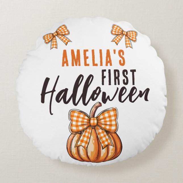 Baby's First Halloween Pumpkin Bow  Round Cushion (Front)