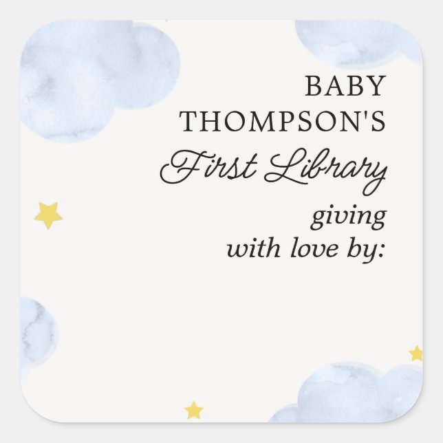 Baby's First Library Bookplate Blue Clouds Square Sticker (Front)