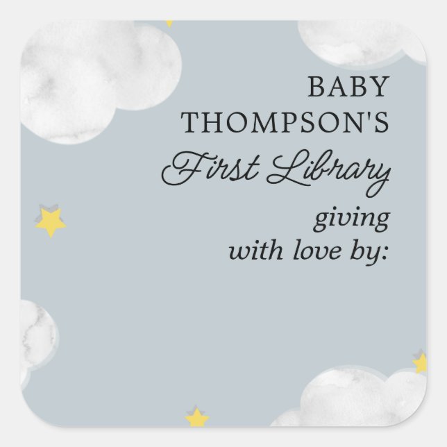 Baby's First Library Bookplate Blue Grey Clouds Square Sticker (Front)