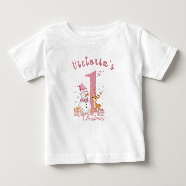 Baby's First Pink Christmas. Snowman and deer.  Baby T-Shirt (Front)