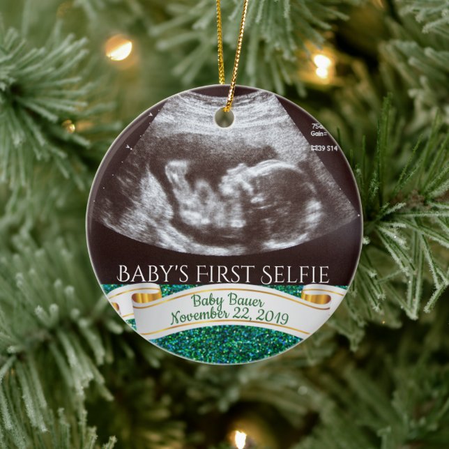 Baby's First Selfie (green background) Ceramic Ornament (Tree)