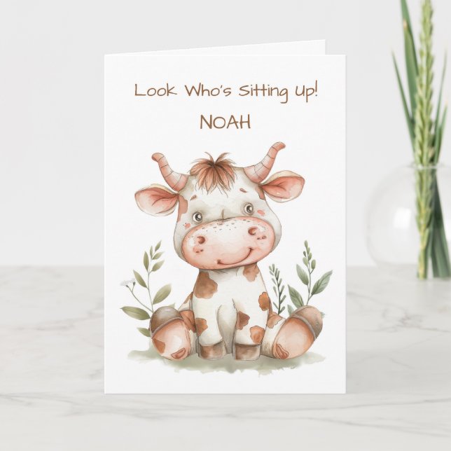 Baby's First Sitting Up Cute Cow Customisable Card (Front)