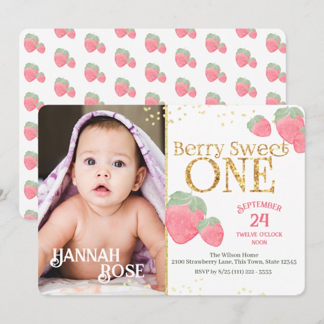 Baby's First Sweet Strawberry Birthday with Photo Invitation (Front/Back)