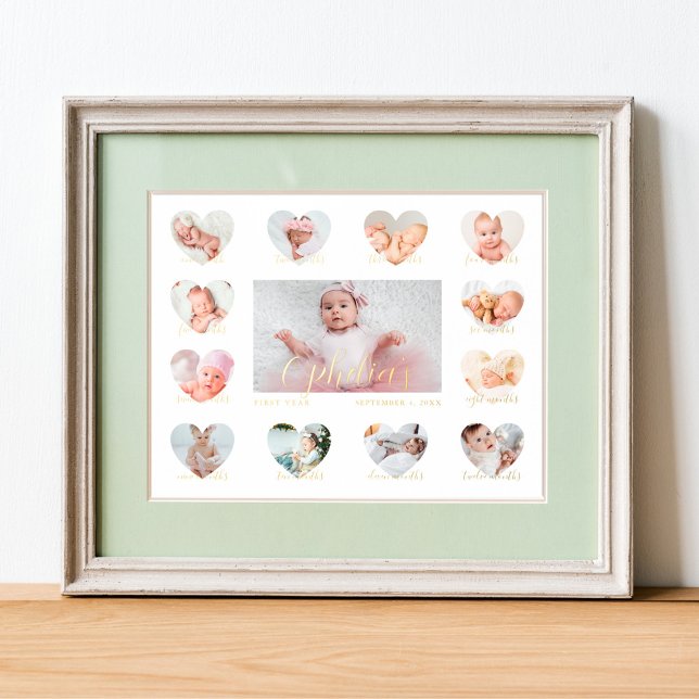 Baby's First Year Heart Photo Keepsake Collage Foil Prints (Creator Uploaded)