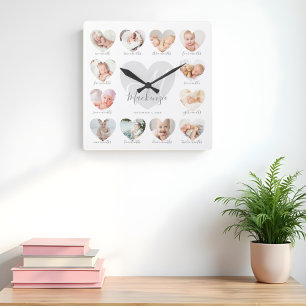 Baby's First Year Heart Photo Keepsake Collage Square Wall Clock