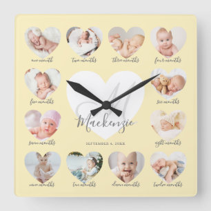 Baby's First Year Heart Photo Keepsake Collage Square Wall Clock