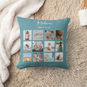 Baby's First Year Photo Collage Birth Stats Blue Cushion