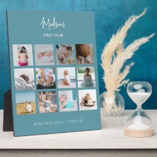 Baby's First Year Photo Collage Birth Stats Blue Plaque