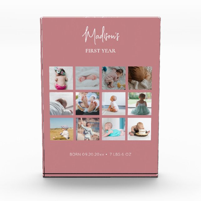 Baby's First Year Photo Collage Birth Stats Pink (Front)