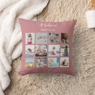 Baby's First Year Photo Collage Birth Stats Pink  Cushion