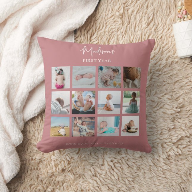 Baby's First Year Photo Collage Birth Stats Pink  Cushion (Blanket)