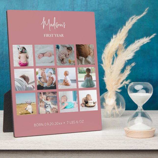 Baby's First Year Photo Collage Birth Stats Pink  Plaque (Side)
