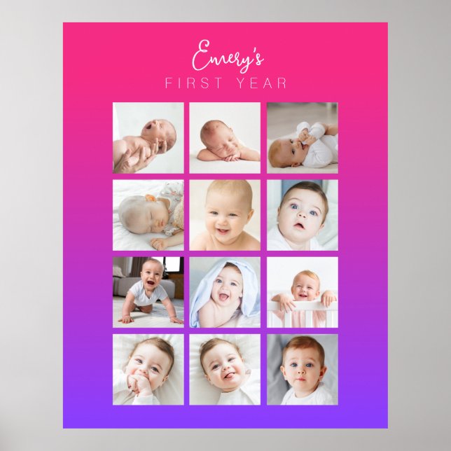 Baby's First Year Photo Poster Monthly Purple Pink (Front)