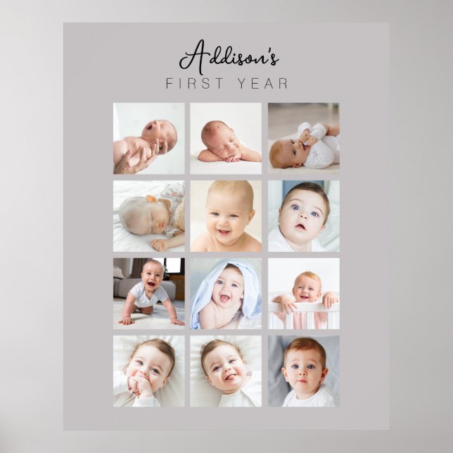 Baby's First Year Photo Poster Monthly Warm Grey (Front)
